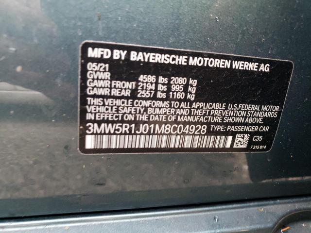 3MW5R1J01M8C04928 - 2021 BMW 330I BLUE photo 10