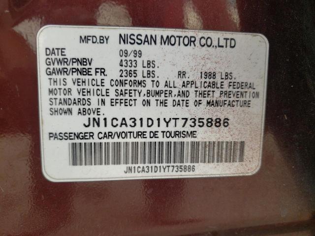 JN1CA31D1YT735886 - 2000 NISSAN MAXIMA GLE TWO TONE photo 10