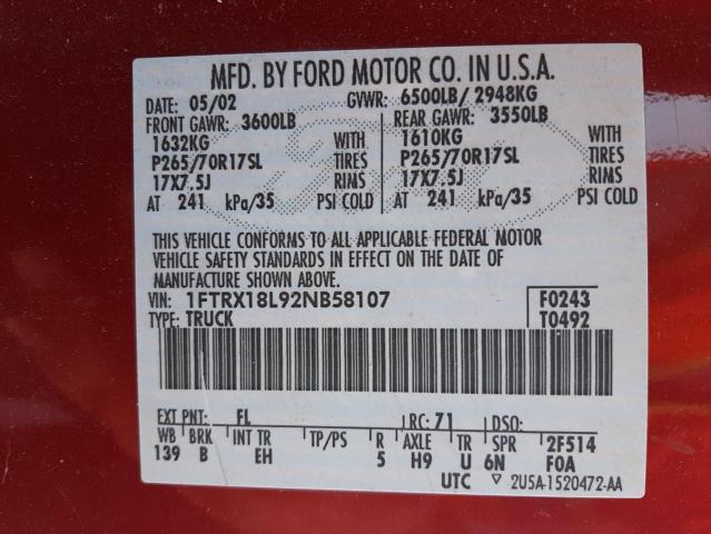 1FTRX18L92NB58107 - 2002 FORD F150 RED photo 10