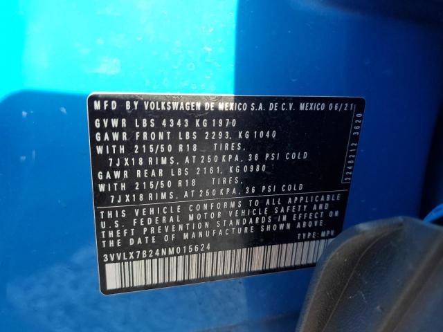 3VVLX7B24NM015624 - 2022 VOLKSWAGEN TAOS SE IQ BLUE photo 10