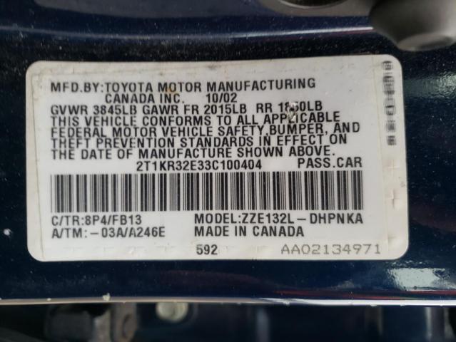 2T1KR32E33C100404 - 2003 TOYOTA MATRIX XR BLUE photo 10