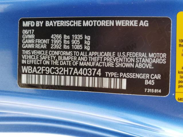 WBA2F9C32H7A40374 - 2017 BMW 230I BLUE photo 10