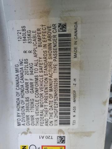2HGFE2F52NH559256 - 2022 HONDA CIVIC SPOR WHITE photo 10