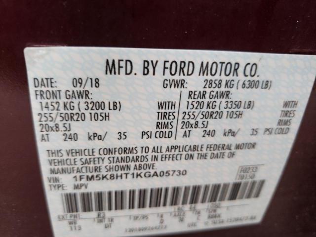 1FM5K8HT1KGA05730 - 2019 FORD EXPLORER P BURGUNDY photo 10