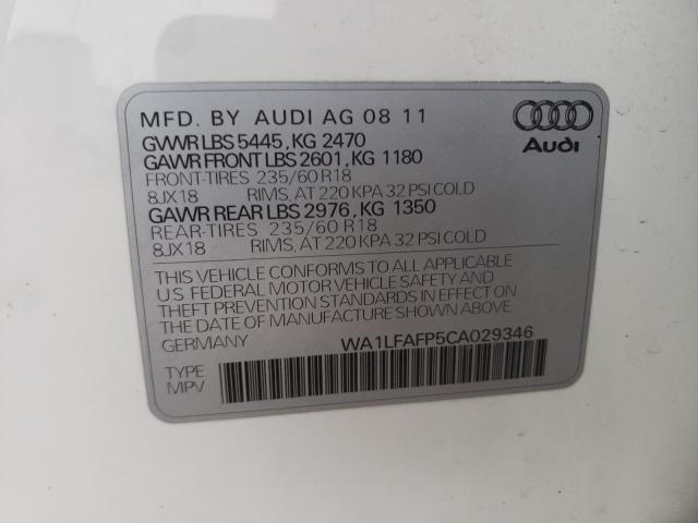 WA1LFAFP5CA029346 - 2012 AUDI Q5 WHITE photo 10