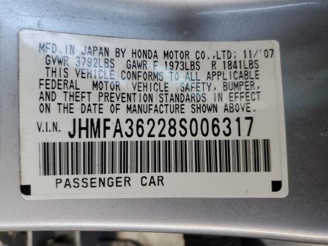 JHMFA36228S006317 - 2008 HONDA CIVIC HYBR SILVER photo 10