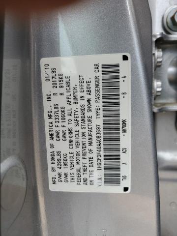 1HGCP2F40AA083697 - 2010 HONDA ACCORD LXP SILVER photo 10