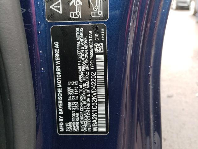 WBA2K1C52KVD42202 - 2019 BMW 230XI BLUE photo 10