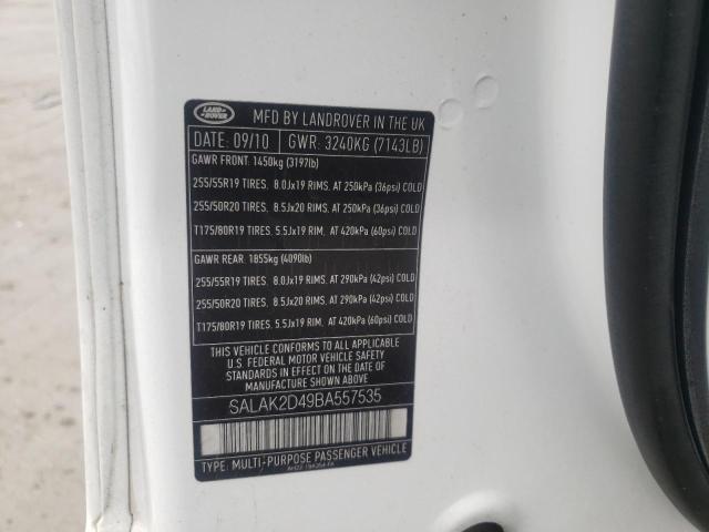 SALAK2D49BA557535 - 2011 LAND ROVER LR4 HSE LU WHITE photo 10