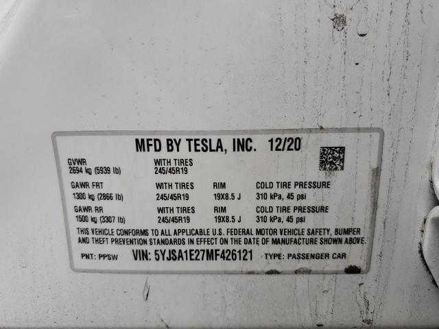 5YJSA1E27MF426121 - 2021 TESLA MODEL S Սպիտակ լուսանկար 10