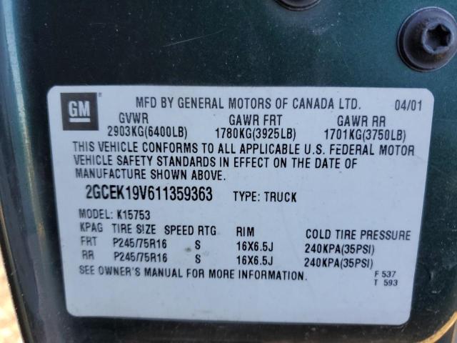 2GCEK19V611359363 - 2001 CHEVROLET SILVRDO LS 绿色 照片 10