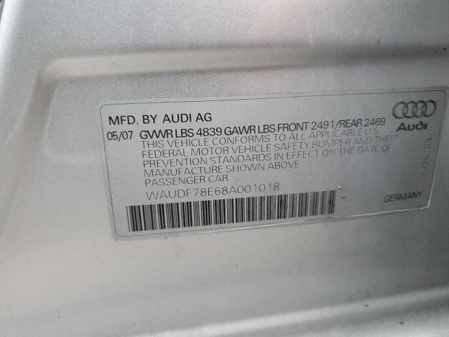 WAUDF78E68A001018 - 2008 AUDI A4 GRAY photo 10