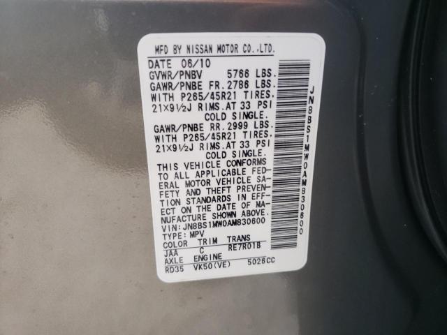 JN8BS1MW0AM830600 - 2010 INFINITI FX50 GRAY photo 10