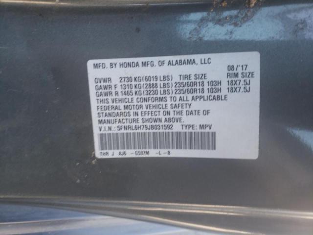 5FNRL6H79JB031592 - 2018 HONDA ODYSSEY EX GRAY photo 10