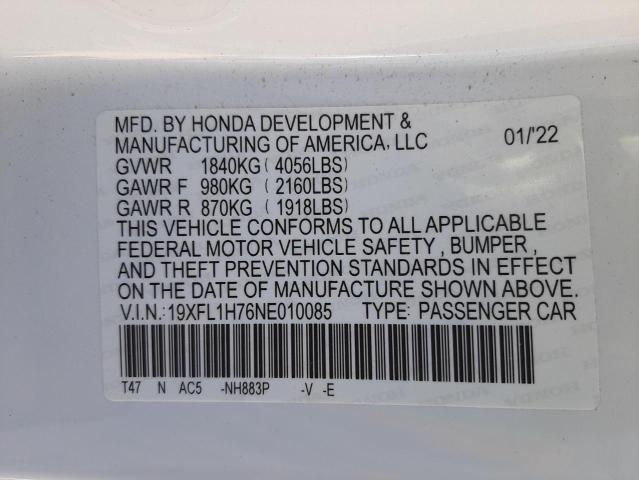 19XFL1H76NE010085 - 2022 HONDA CIVIC EXL Ağ foto 10