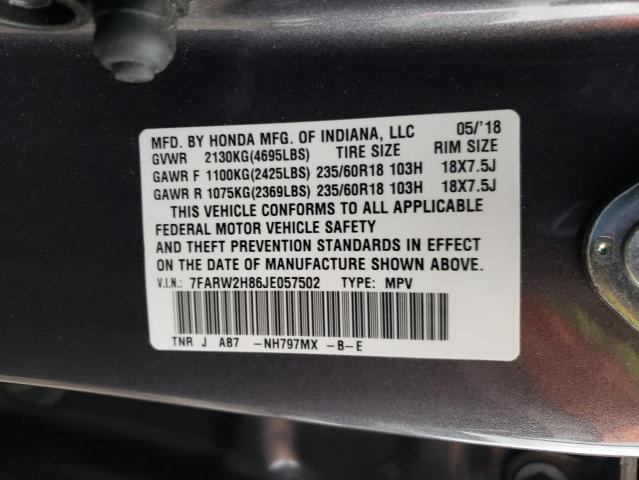 7FARW2H86JE057502 - 2018 HONDA CR-V EXL GRAY photo 10