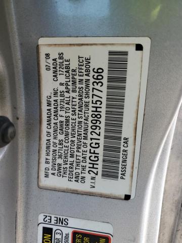2HGFG12998H577366 - 2008 HONDA CIVIC EXL Gümüş foto 10