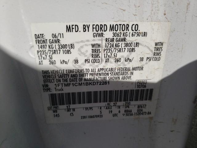 1FTMF1CM1BKD72281 - 2011 FORD F-150 XLT WHITE photo 10