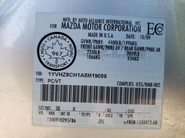 1YVHZ8CH1A5M19059 - 2010 MAZDA 6 I SILVER photo 10