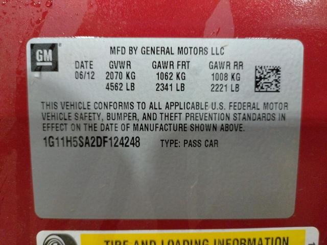 1G11H5SA2DF124248 - 2013 CHEVROLET MALIBU LTZ წითელი ფოტო 10