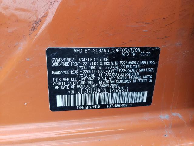 JF2GTABC2LH268851 - 2020 SUBARU CROSSTREK ORANGE photo 10