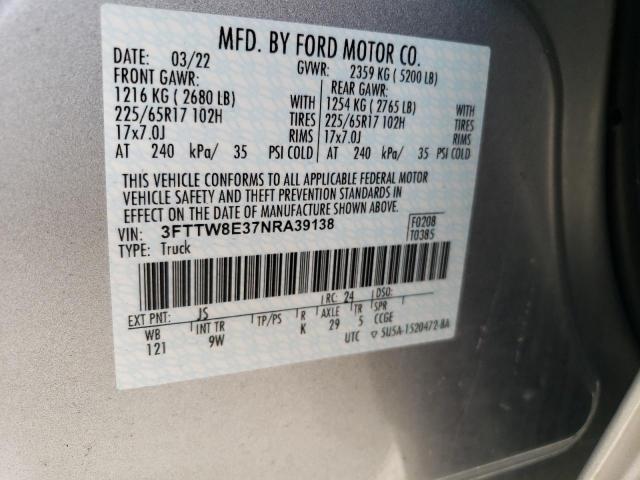 3FTTW8E37NRA39138 - 2022 FORD MAVERICK X SILVER photo 10