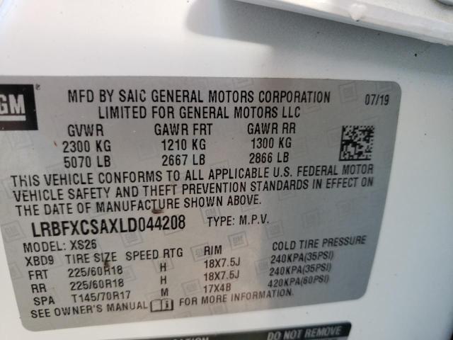 LRBFXCSAXLD044208 - 2020 BUICK ENVISION E WHITE photo 10