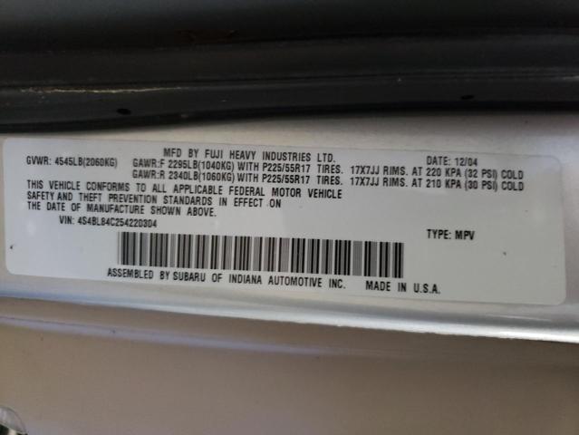 4S4BL84C254220304 - 2004 SUBARU LEGACY SILVER photo 10