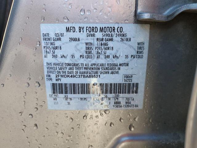 2FMDK49C37BA89521 - 2007 FORD EDGE SEL P SILVER photo 10