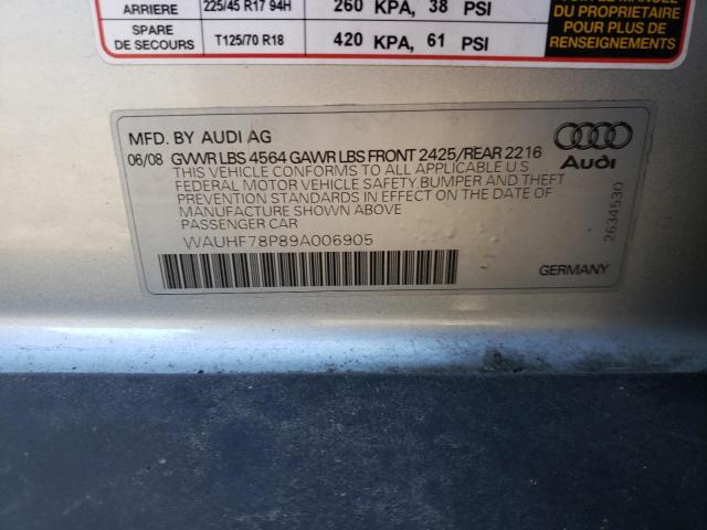 WAUHF78P89A006905 - 2009 AUDI A3 2.0T SILVER photo 10