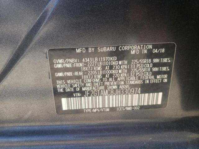 JF2GTAMC8JH330974 - 2018 SUBARU CROSSTREK CHARCOAL photo 10