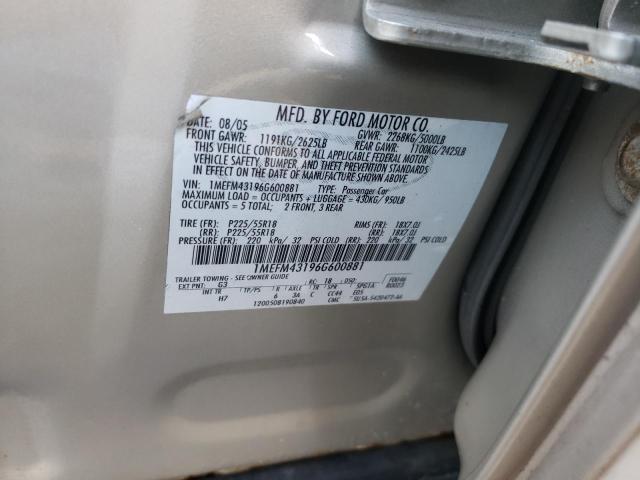 1MEFM43196G600881 - 2006 MERCURY MONTEGO PR ბეჟი ფოტო 10