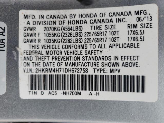 2HKRM4H71DH672758 - 2013 HONDA CR-V EXL SILVER photo 10