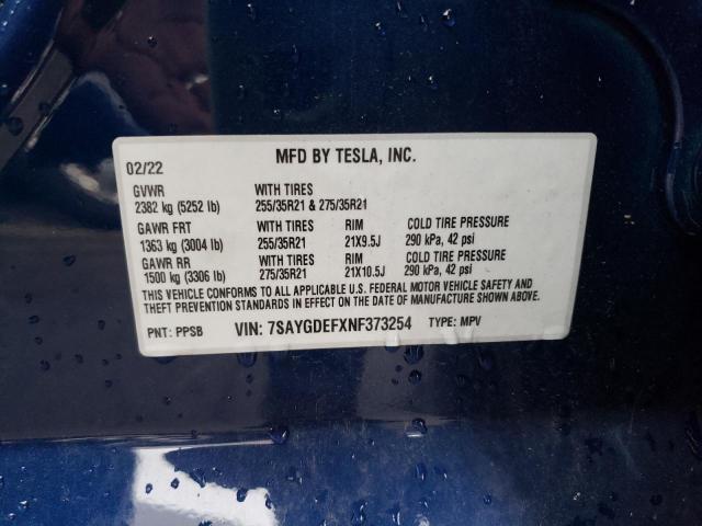 7SAYGDEFXNF373254 - 2022 TESLA MODEL Y Bleu photo 10
