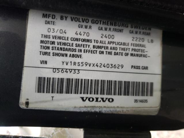 YV1RS59VX42403629 - 2004 VOLVO S60 2.5T GRAY photo 10