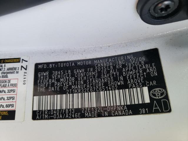 2T1KR32E67C651402 - 2007 TOYOTA MATRIX WHITE photo 10