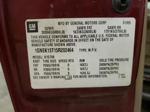 1GNEK13T15R202464 - 2005 CHEVROLET TAHOE MAROON photo 10