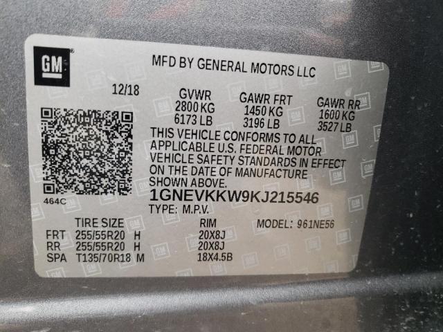 1GNEVKKW9KJ215546 - 2019 CHEVROLET TRAVERSE P GRAY photo 10