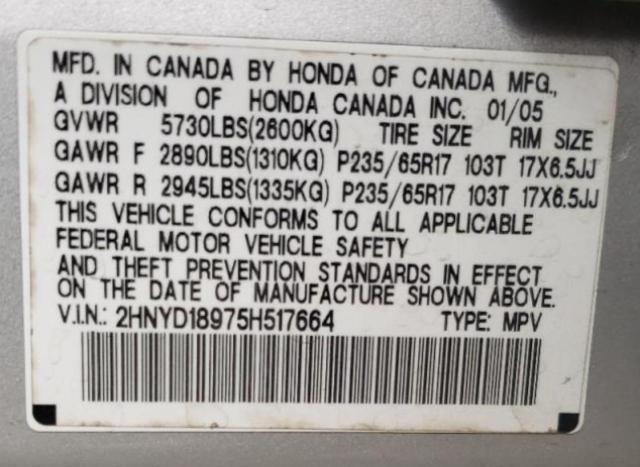 2HNYD18975H517664 - 2005 ACURA MDX TOURIN SILVER photo 10