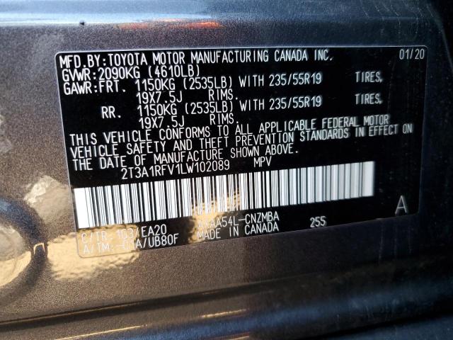 2T3A1RFV1LW102089 - 2020 TOYOTA RAV4 XLE P GRAY photo 10