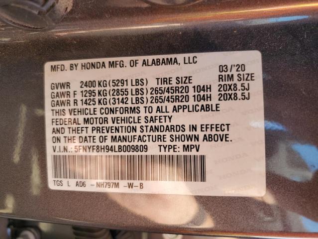 5FNYF8H94LB009809 - 2020 HONDA PASSPORT T SILVER photo 10