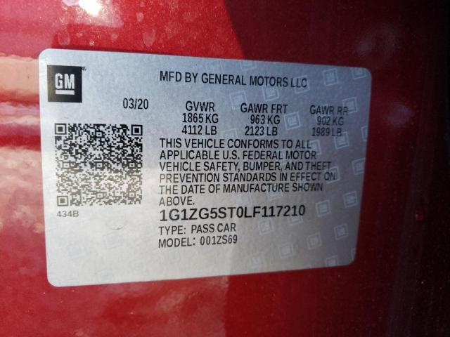 1G1ZG5ST0LF117210 - 2020 CHEVROLET MALIBU RS Շագանակագույն լուսանկար 10