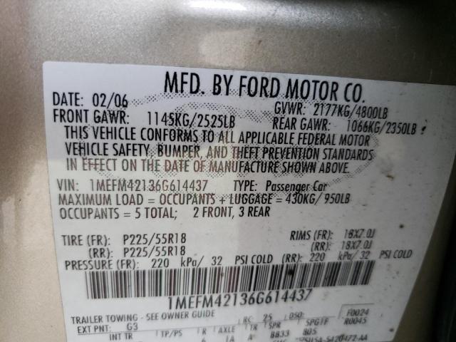 1MEFM42136G614437 - 2006 MERCURY MONTEGO PR ოქროსფერი ფოტო 10