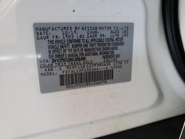 3N1CP5CU8KL566498 - 2019 NISSAN KICKS S WHITE photo 10