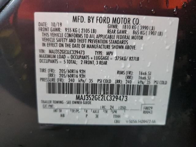 MAJ3S2GE2LC329473 - 2020 FORD ECOSPORT S GRAY photo 10