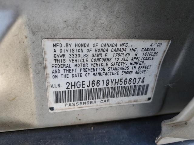 2HGEJ6619YH566074 - 2000 HONDA CIVIC BASE SILVER photo 10