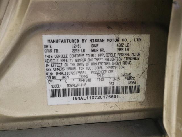 1N4AL11D72C175601 - 2002 NISSAN ALTIMA BAS GOLD photo 10