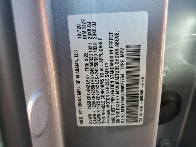 5FNYF6H00MB027764 - 2021 HONDA PILOT ELIT SILVER photo 10