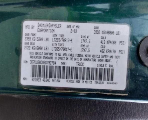 3D7KU28D93G792784 - 2003 DODGE RAM 2500 S GREEN photo 10