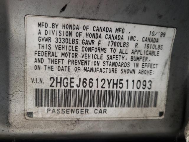 2HGEJ6612YH511093 - 2000 HONDA CIVIC BASE SILVER photo 10